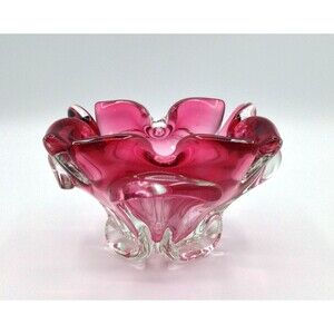Vintage Art Glass Bowl by Josef Hospodka Cranberry Chribska Bohemian Mid Century